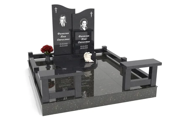 Вертикальный семейный памятник с резными стелами из гранита-мрамора