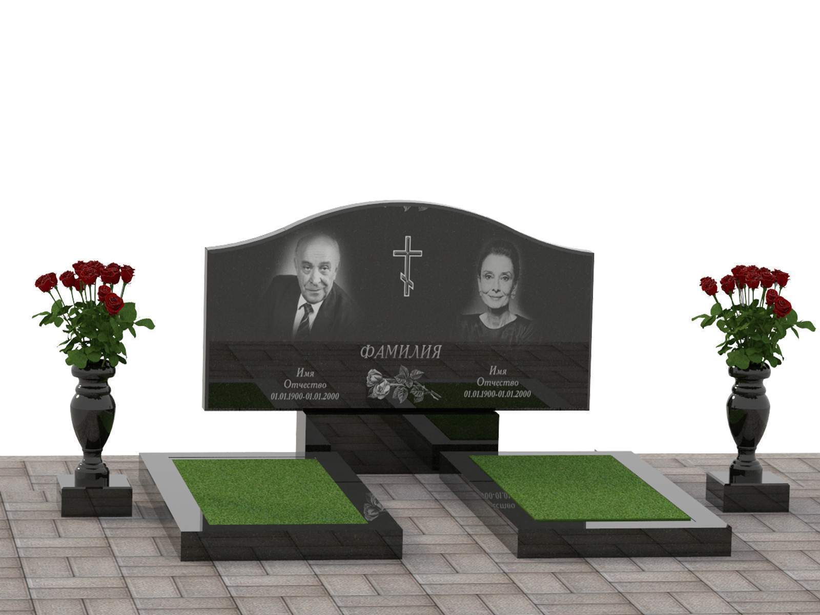 Горизонтальный резной семейный памятник из гранита