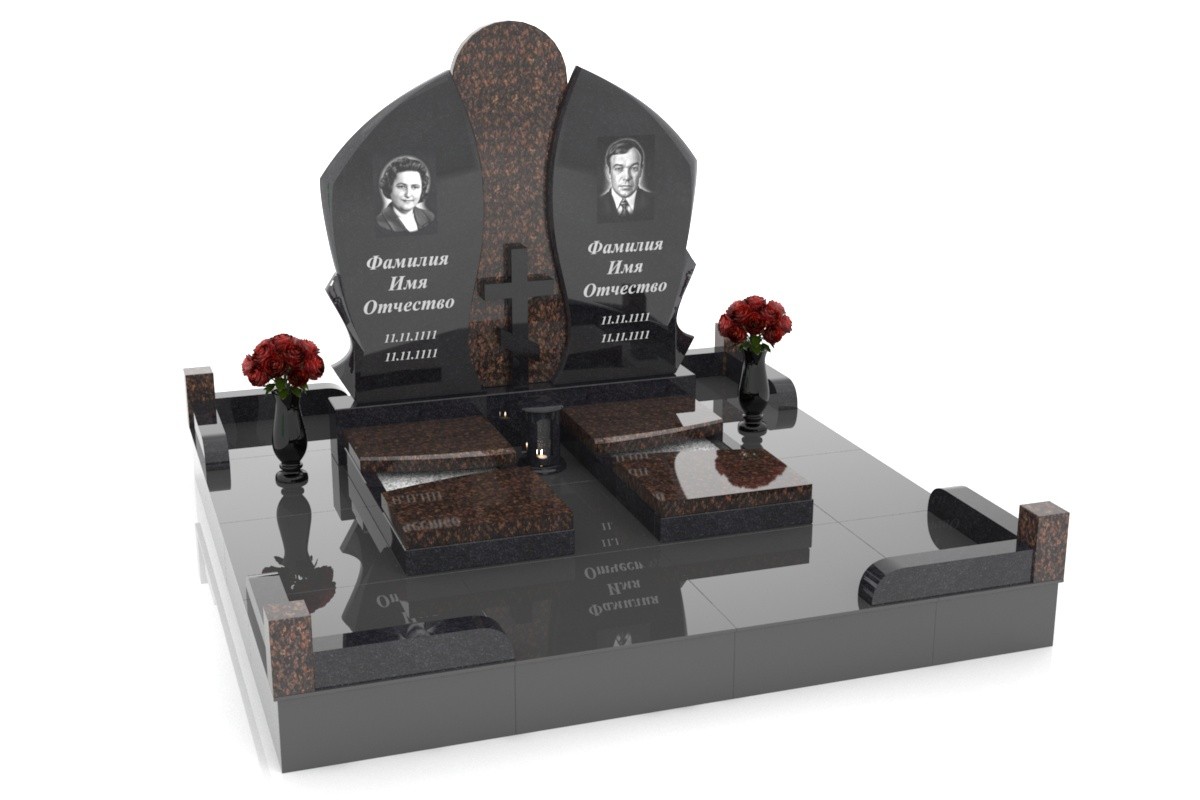 Вертикальный семейный памятник с резными стелами, колонной и накладным крестом гранита-мрамора